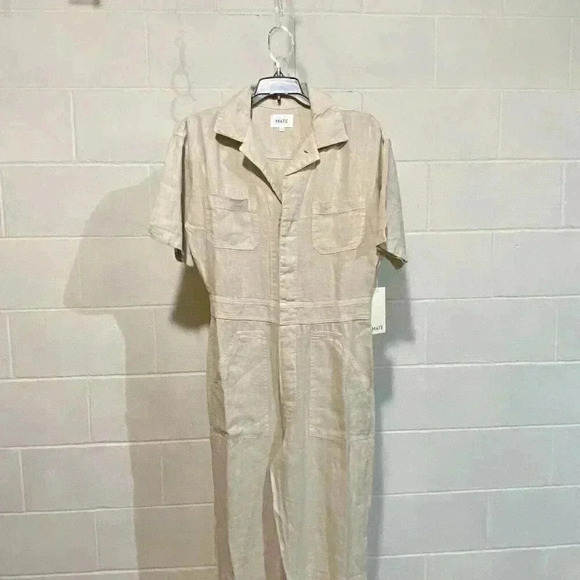 Mate The Label Women's Linen SS Jumpsuit XS in Natural Cropped Organic Pockets - Picture 3 of 9
